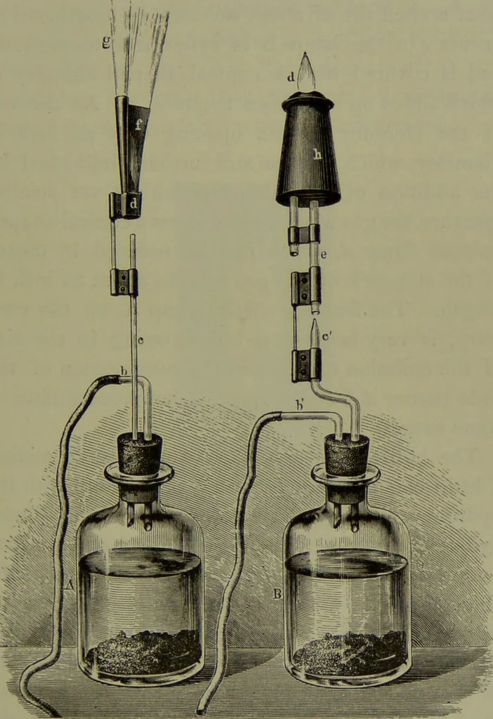 An illustration from Spectrum analysis in its application to terrestrial substances, and the physical constitution of the heavenly bodies / familiarly explained by H. Schellen ; translated from the second enlarged and revised German edition by Jane and Caroline Lassell ; edited with notes by William Huggins ; with numerous woodcuts and coloured plates, and Ångström's and Kirchhoff's maps., 1872, leaf 245