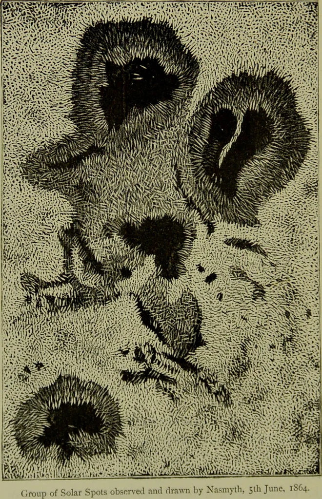 An illustration from Spectrum analysis in its application to terrestrial substances, and the physical constitution of the heavenly bodies / familiarly explained by H. Schellen ; translated from the second enlarged and revised German edition by Jane and Caroline Lassell ; edited with notes by William Huggins ; with numerous woodcuts and coloured plates, and Ångström's and Kirchhoff's maps., 1872, leaf 322