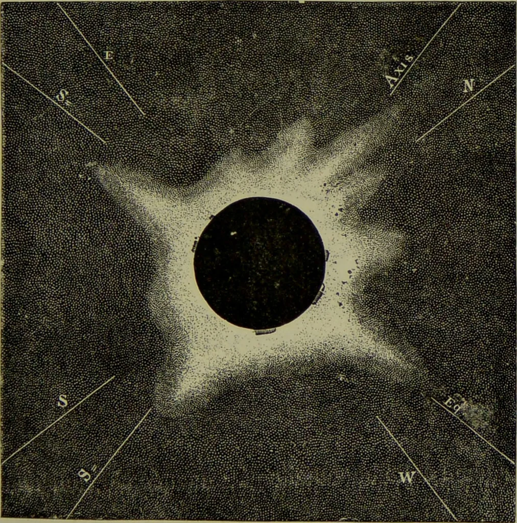 An illustration from Spectrum analysis in its application to terrestrial substances, and the physical constitution of the heavenly bodies / familiarly explained by H. Schellen ; translated from the second enlarged and revised German edition by Jane and Caroline Lassell ; edited with notes by William Huggins ; with numerous woodcuts and coloured plates, and Ångström's and Kirchhoff's maps., 1872, leaf 349