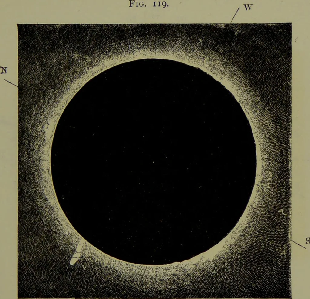 An illustration from Spectrum analysis in its application to terrestrial substances, and the physical constitution of the heavenly bodies / familiarly explained by H. Schellen ; translated from the second enlarged and revised German edition by Jane and Caroline Lassell ; edited with notes by William Huggins ; with numerous woodcuts and coloured plates, and Ångström's and Kirchhoff's maps., 1872, leaf 369