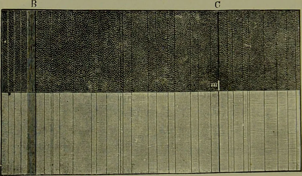 An illustration from Spectrum analysis in its application to terrestrial substances, and the physical constitution of the heavenly bodies / familiarly explained by H. Schellen ; translated from the second enlarged and revised German edition by Jane and Caroline Lassell ; edited with notes by William Huggins ; with numerous woodcuts and coloured plates, and Ångström's and Kirchhoff's maps., 1872, leaf 414