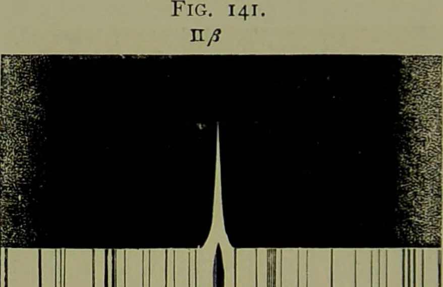 An illustration from Spectrum analysis in its application to terrestrial substances, and the physical constitution of the heavenly bodies / familiarly explained by H. Schellen ; translated from the second enlarged and revised German edition by Jane and Caroline Lassell ; edited with notes by William Huggins ; with numerous woodcuts and coloured plates, and Ångström's and Kirchhoff's maps., 1872, leaf 460