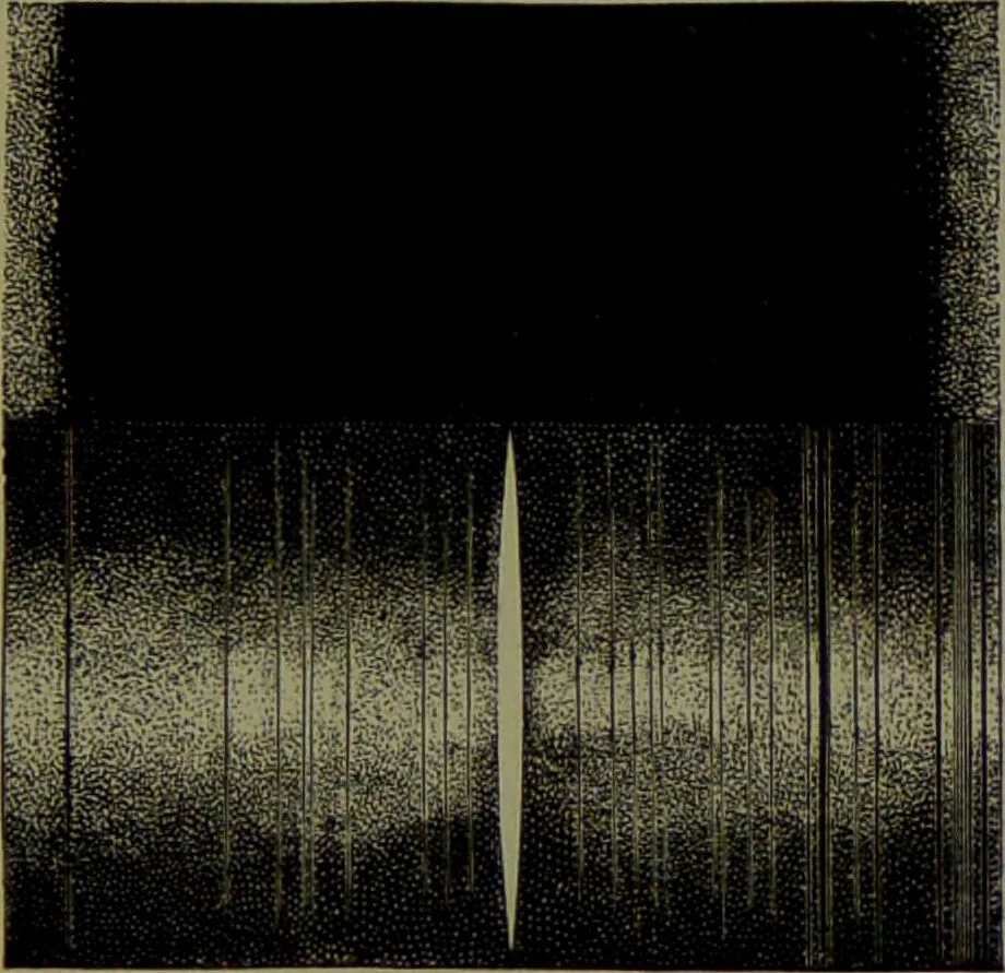 An illustration from Spectrum analysis in its application to terrestrial substances, and the physical constitution of the heavenly bodies / familiarly explained by H. Schellen ; translated from the second enlarged and revised German edition by Jane and Caroline Lassell ; edited with notes by William Huggins ; with numerous woodcuts and coloured plates, and Ångström's and Kirchhoff's maps., 1872, leaf 465
