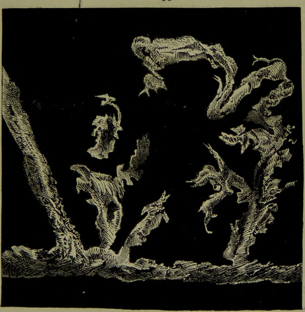An illustration from Spectrum analysis in its application to terrestrial substances, and the physical constitution of the heavenly bodies / familiarly explained by H. Schellen ; translated from the second enlarged and revised German edition by Jane and Caroline Lassell ; edited with notes by William Huggins ; with numerous woodcuts and coloured plates, and Ångström's and Kirchhoff's maps., 1872, leaf 499