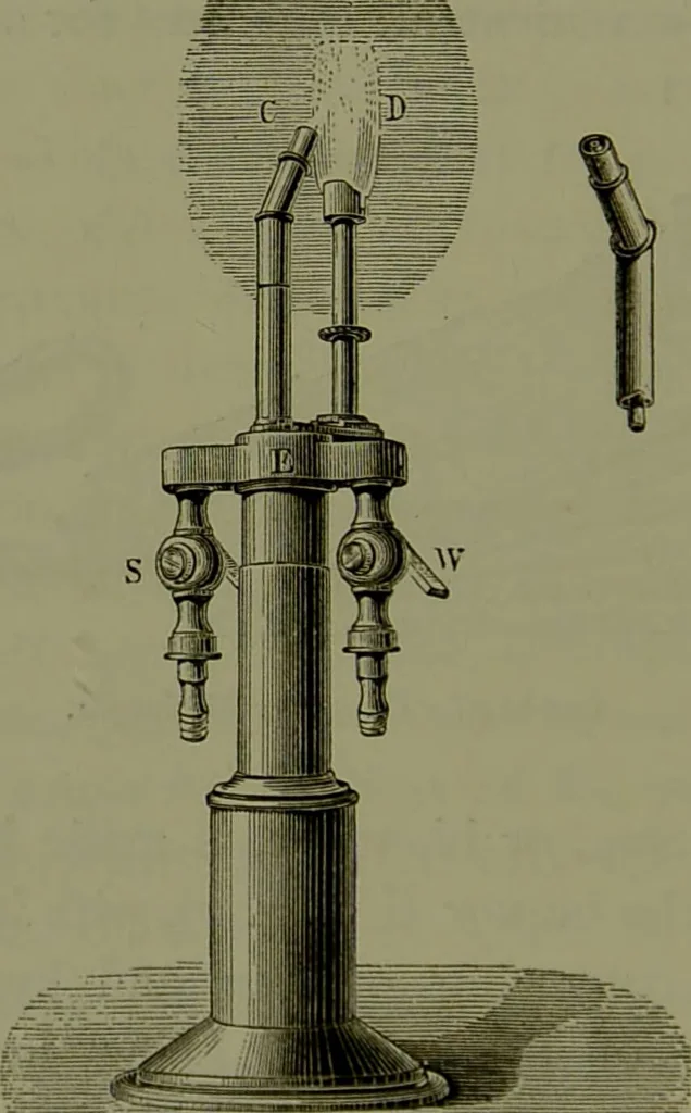 An illustration from Spectrum analysis in its application to terrestrial substances, and the physical constitution of the heavenly bodies / familiarly explained by H. Schellen ; translated from the second enlarged and revised German edition by Jane and Caroline Lassell ; edited with notes by William Huggins ; with numerous woodcuts and coloured plates, and Ångström's and Kirchhoff's maps., 1872, leaf 56