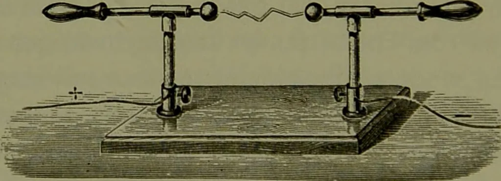 An illustration from Spectrum analysis in its application to terrestrial substances, and the physical constitution of the heavenly bodies / familiarly explained by H. Schellen ; translated from the second enlarged and revised German edition by Jane and Caroline Lassell ; edited with notes by William Huggins ; with numerous woodcuts and coloured plates, and Ångström's and Kirchhoff's maps., 1872, leaf 60