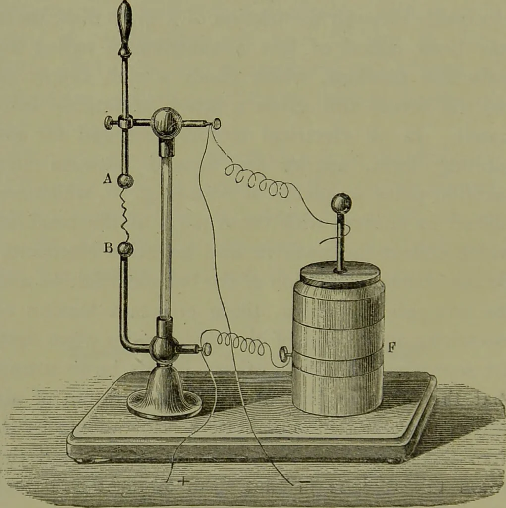 An illustration from Spectrum analysis in its application to terrestrial substances, and the physical constitution of the heavenly bodies / familiarly explained by H. Schellen ; translated from the second enlarged and revised German edition by Jane and Caroline Lassell ; edited with notes by William Huggins ; with numerous woodcuts and coloured plates, and Ångström's and Kirchhoff's maps., 1872, leaf 62