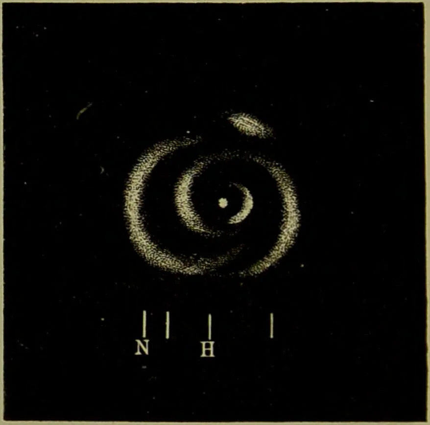 An illustration from Spectrum analysis in its application to terrestrial substances, and the physical constitution of the heavenly bodies / familiarly explained by H. Schellen ; translated from the second enlarged and revised German edition by Jane and Caroline Lassell ; edited with notes by William Huggins ; with numerous woodcuts and coloured plates, and Ångström's and Kirchhoff's maps., 1872, leaf 626