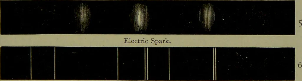 An illustration from Spectrum analysis in its application to terrestrial substances, and the physical constitution of the heavenly bodies / familiarly explained by H. Schellen ; translated from the second enlarged and revised German edition by Jane and Caroline Lassell ; edited with notes by William Huggins ; with numerous woodcuts and coloured plates, and Ångström's and Kirchhoff's maps., 1872, leaf 643