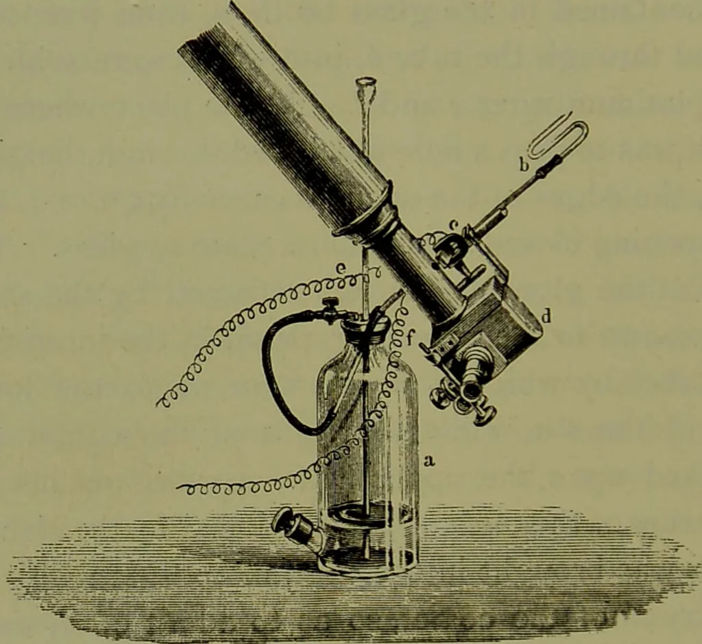 An illustration from Spectrum analysis in its application to terrestrial substances, and the physical constitution of the heavenly bodies / familiarly explained by H. Schellen ; translated from the second enlarged and revised German edition by Jane and Caroline Lassell ; edited with notes by William Huggins ; with numerous woodcuts and coloured plates, and Ångström's and Kirchhoff's maps., 1872, leaf 648