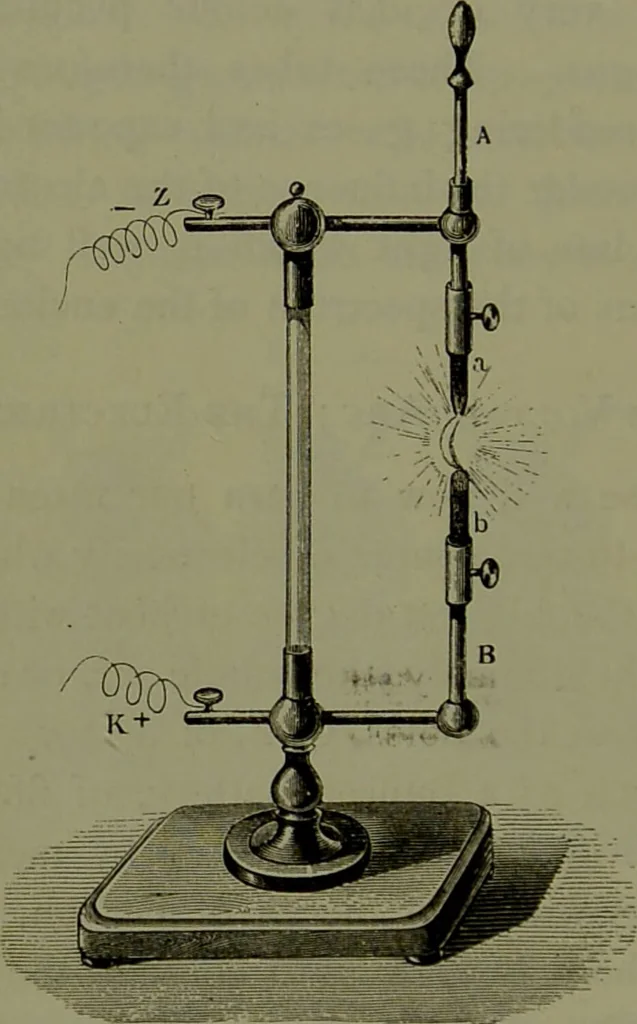 An illustration from Spectrum analysis in its application to terrestrial substances, and the physical constitution of the heavenly bodies / familiarly explained by H. Schellen ; translated from the second enlarged and revised German edition by Jane and Caroline Lassell ; edited with notes by William Huggins ; with numerous woodcuts and coloured plates, and Ångström's and Kirchhoff's maps., 1872, leaf 70