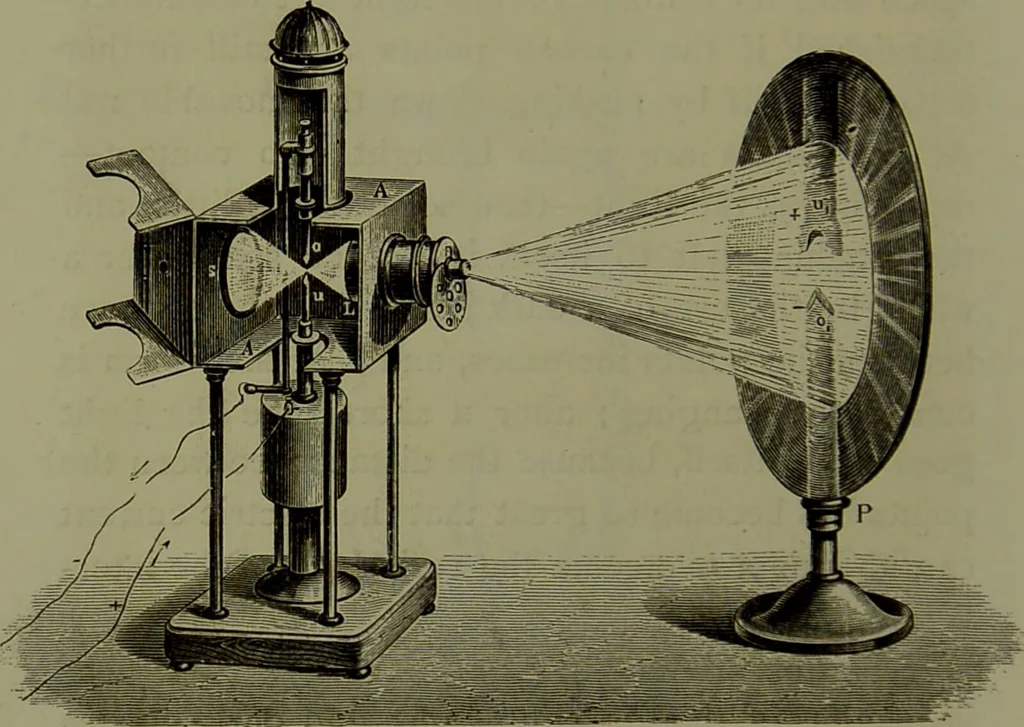 An illustration from Spectrum analysis in its application to terrestrial substances, and the physical constitution of the heavenly bodies / familiarly explained by H. Schellen ; translated from the second enlarged and revised German edition by Jane and Caroline Lassell ; edited with notes by William Huggins ; with numerous woodcuts and coloured plates, and Ångström's and Kirchhoff's maps., 1872, leaf 72