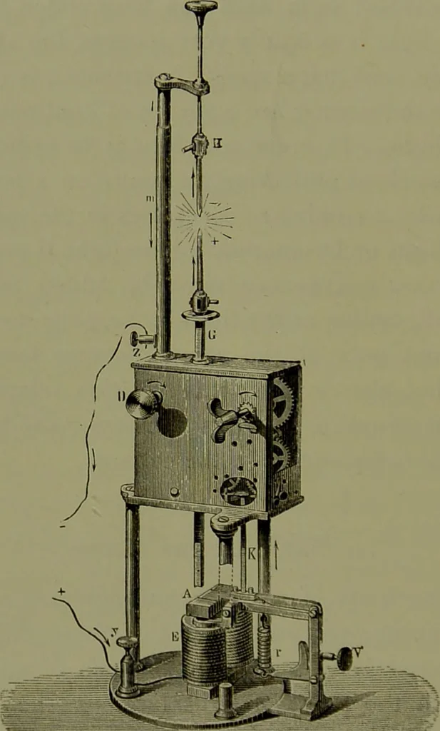 An illustration from Spectrum analysis in its application to terrestrial substances, and the physical constitution of the heavenly bodies / familiarly explained by H. Schellen ; translated from the second enlarged and revised German edition by Jane and Caroline Lassell ; edited with notes by William Huggins ; with numerous woodcuts and coloured plates, and Ångström's and Kirchhoff's maps., 1872, leaf 76