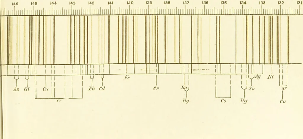 An illustration from Spectrum analysis : six lectures, delivered in 1868, before the Society of Apothecaries of London / by Henry E. Roscoe ; with appendices, coloured plates, and illustrations., 1869, leaf 211