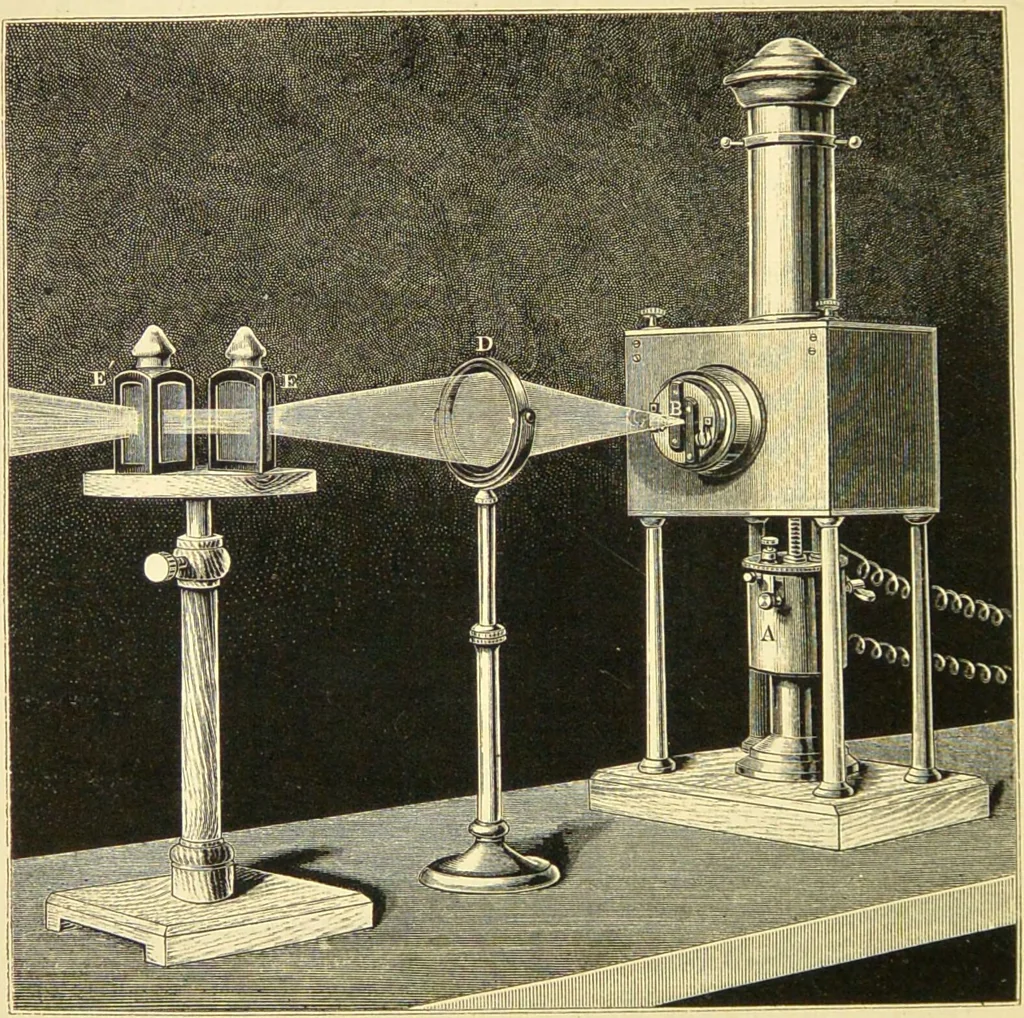 An illustration from Spectrum analysis : six lectures, delivered in 1868, before the Society of Apothecaries of London / by Henry E. Roscoe ; with appendices, coloured plates, and illustrations., 1869, leaf 72