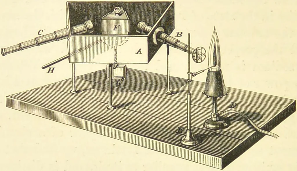 An illustration from Spectrum analysis : six lectures, delivered in 1868, before the Society of Apothecaries of London / by Henry E. Roscoe ; with appendices, coloured plates, and illustrations., 1869, leaf 78