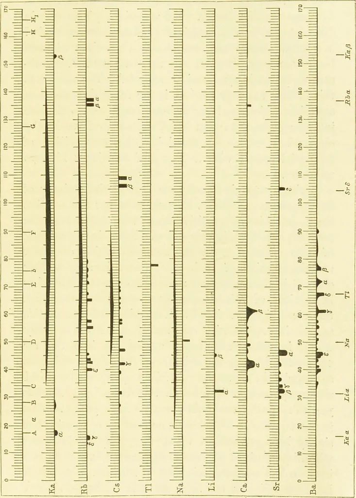 An illustration from Spectrum analysis : six lectures, delivered in 1868, before the Society of Apothecaries of London / by Henry E. Roscoe ; with appendices, coloured plates, and illustrations., 1869, leaf 83