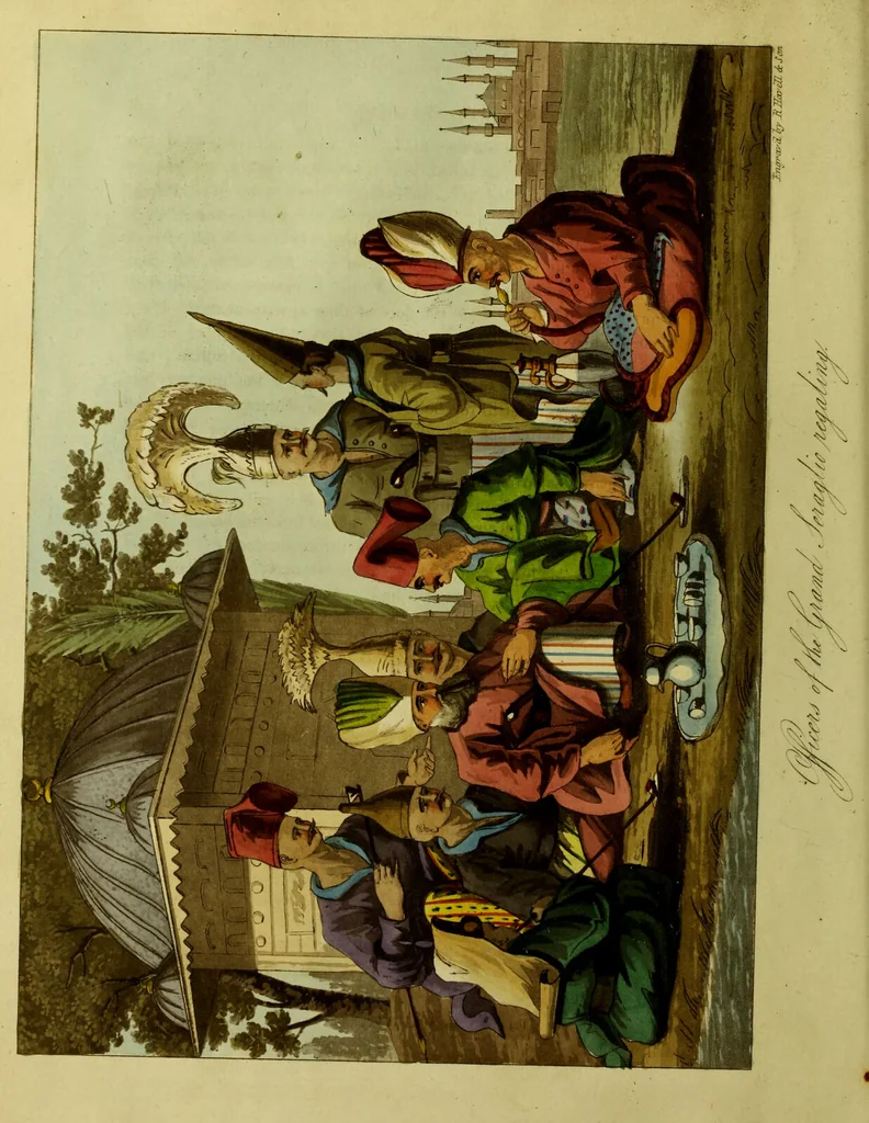 An illustration from Narrative of a ten years' residence at Tripoli in Africa: from the original correspondence in the possession of the family of the late Richard Tully, Esq., the British consul. Comprising authentic memoirs and anecdotes of the reigning bashaw, his family, and other persons of distinction; also, an account of the domestic manners of the Moors, Arabs, and Turks / Illustrated with a map and several coloured plates., 1816, leaf 66