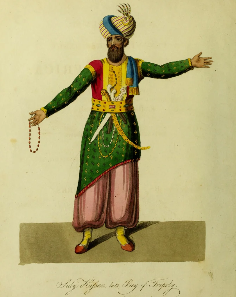 An illustration from Narrative of a ten years' residence at Tripoli in Africa: from the original correspondence in the possession of the family of the late Richard Tully, Esq., the British consul. Comprising authentic memoirs and anecdotes of the reigning bashaw, his family, and other persons of distinction; also, an account of the domestic manners of the Moors, Arabs, and Turks / Illustrated with a map and several coloured plates., 1816, leaf 8