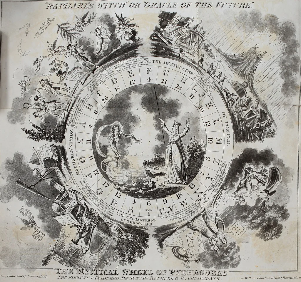 An illustration from Raphael's witch!!! or the oracle of the future / by the author of the Prophetic Messenger, with ten coloured designs on copper by R. Cruikshank and the author, and a piece of music by Blewitt., 1831, leaf 6
