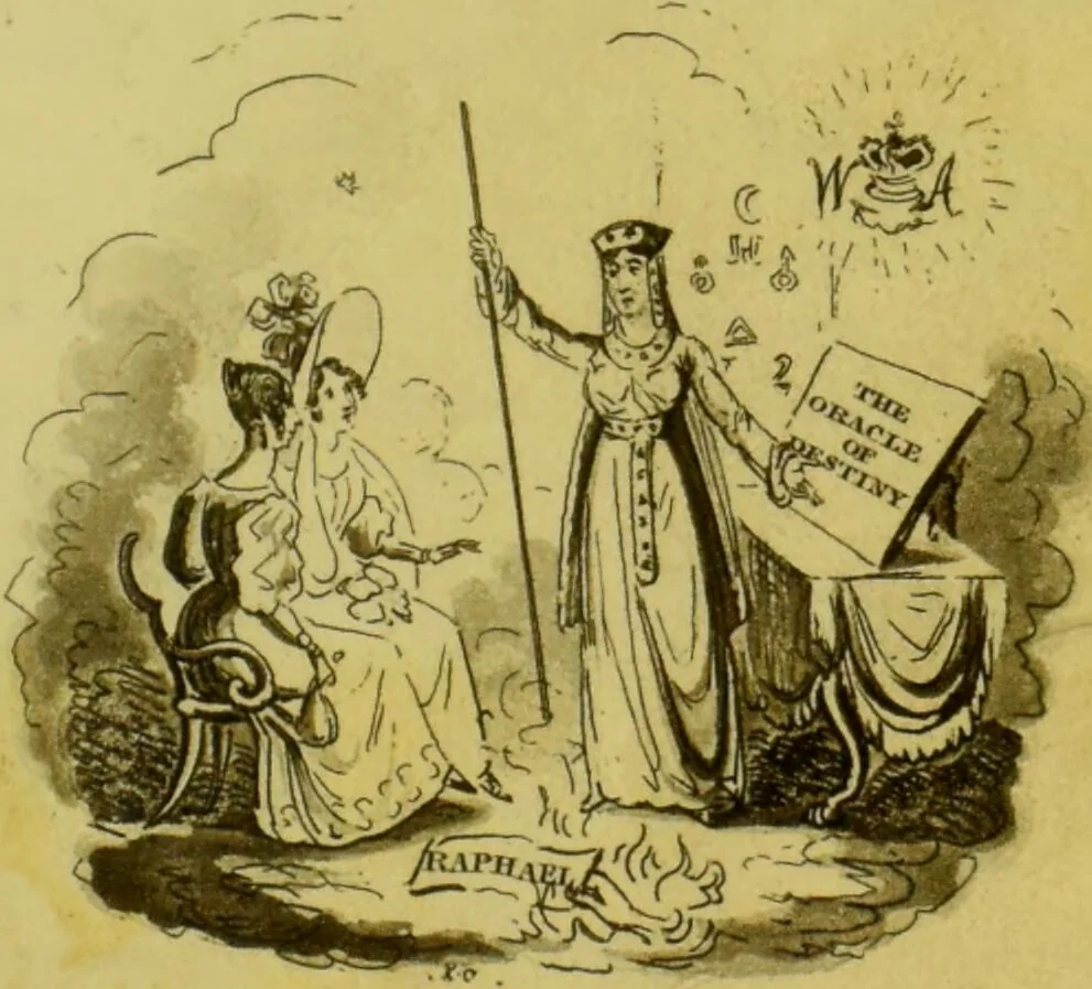 An illustration from Raphael's witch!!! or the oracle of the future / by the author of the Prophetic Messenger, with ten coloured designs on copper by R. Cruikshank and the author, and a piece of music by Blewitt., 1831, leaf 7