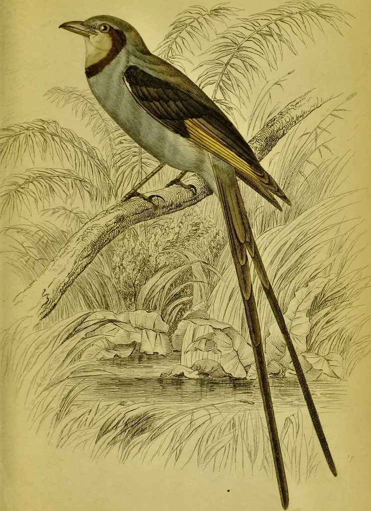 An illustration from The natural arrangement and relations of the family of flycatchers, or muscicapidae / Illustrated by thirty-three coloured plates, with portrait and memoir of Baron Haller., 1838, leaf 285