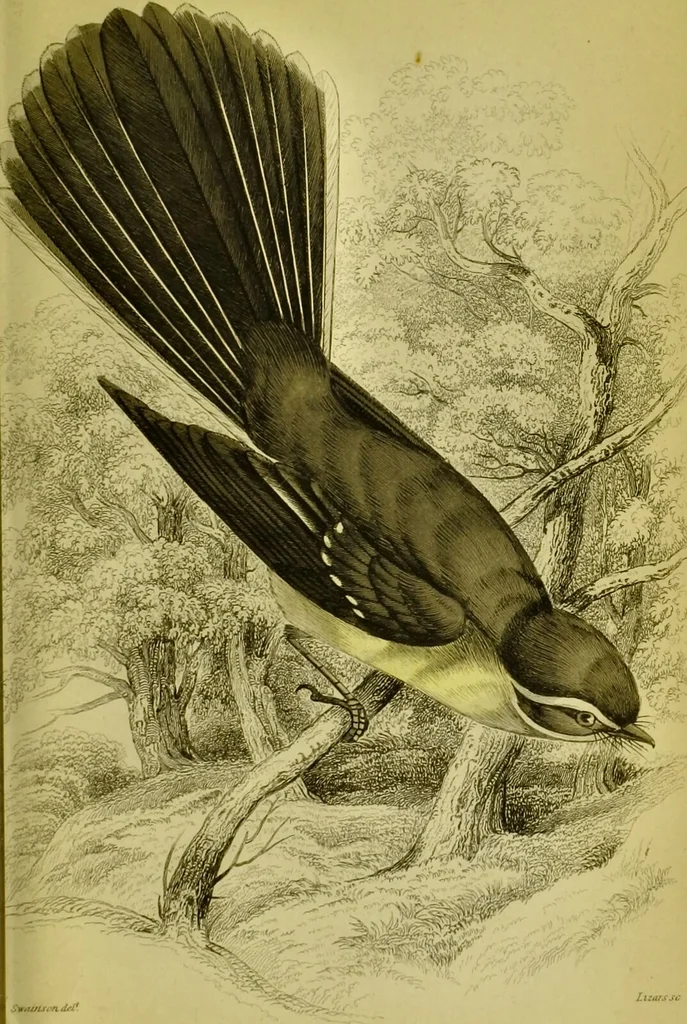 An illustration from The natural arrangement and relations of the family of flycatchers, or muscicapidae / Illustrated by thirty-three coloured plates, with portrait and memoir of Baron Haller., 1838, leaf 305