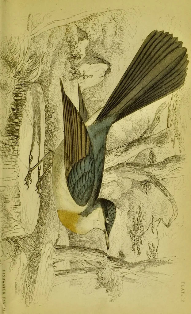 An illustration from The natural arrangement and relations of the family of flycatchers, or muscicapidae / Illustrated by thirty-three coloured plates, with portrait and memoir of Baron Haller., 1838, leaf 313