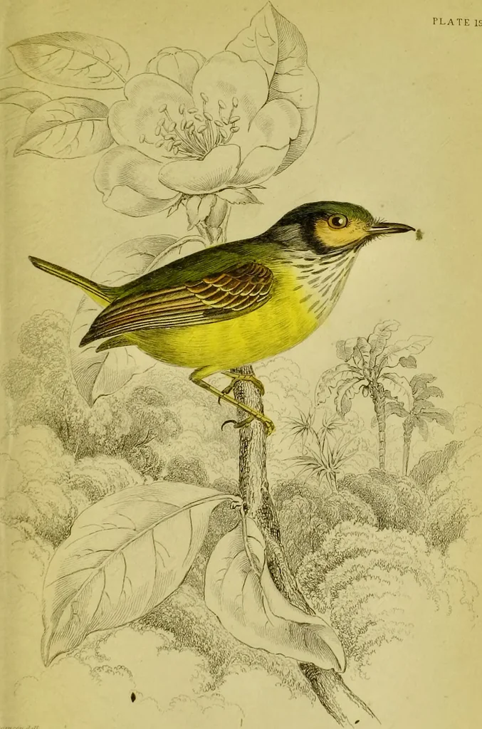 An illustration from The natural arrangement and relations of the family of flycatchers, or muscicapidae / Illustrated by thirty-three coloured plates, with portrait and memoir of Baron Haller., 1838, leaf 343