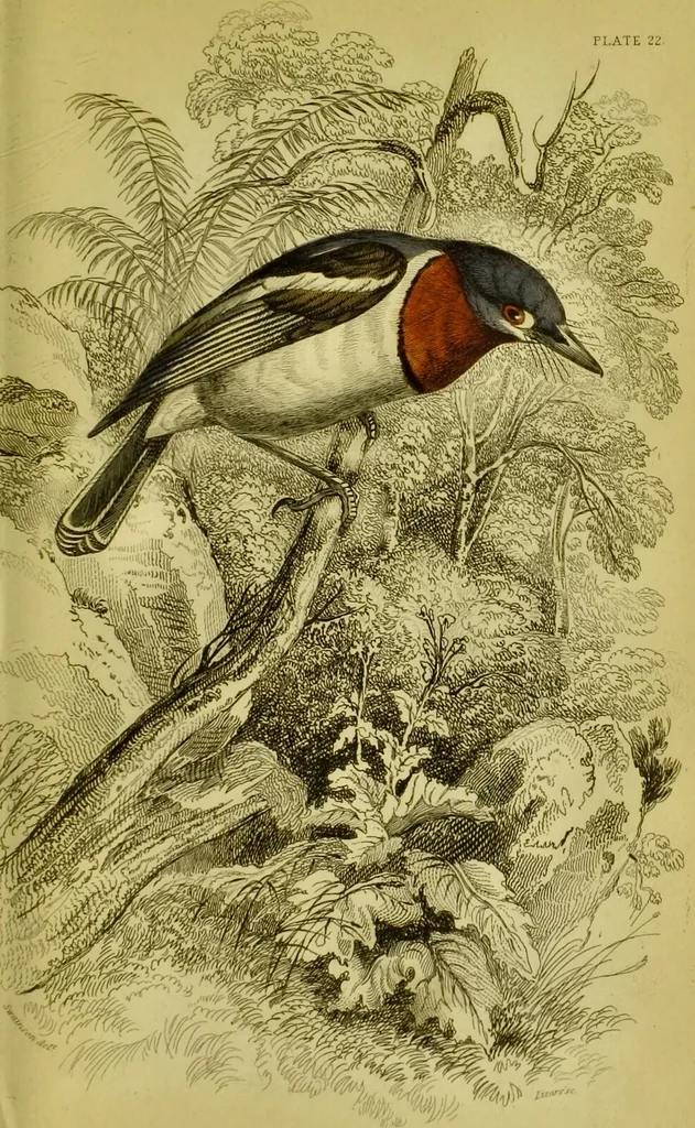 An illustration from The natural arrangement and relations of the family of flycatchers, or muscicapidae / Illustrated by thirty-three coloured plates, with portrait and memoir of Baron Haller., 1838, leaf 355