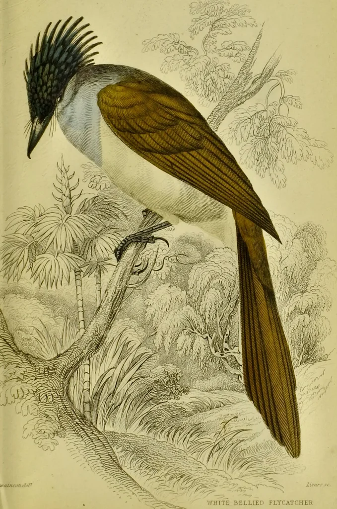 An illustration from The natural arrangement and relations of the family of flycatchers, or muscicapidae / Illustrated by thirty-three coloured plates, with portrait and memoir of Baron Haller., 1838, leaf 363