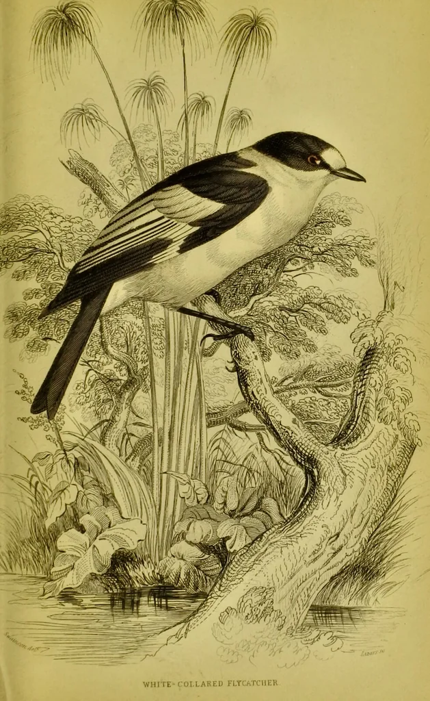 An illustration from The natural arrangement and relations of the family of flycatchers, or muscicapidae / Illustrated by thirty-three coloured plates, with portrait and memoir of Baron Haller., 1838, leaf 371