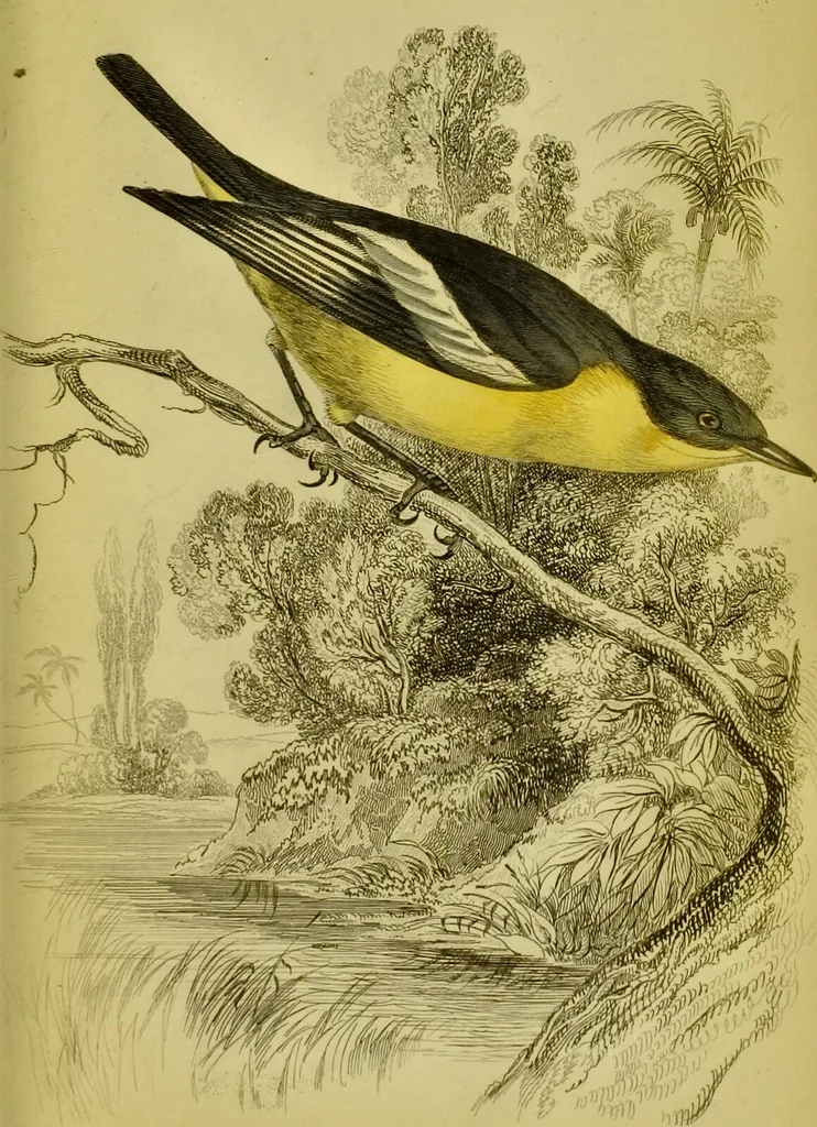 An illustration from The natural arrangement and relations of the family of flycatchers, or muscicapidae / Illustrated by thirty-three coloured plates, with portrait and memoir of Baron Haller., 1838, leaf 379