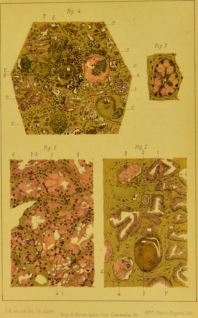 An illustration from Étude du processus histologique des néphrites / par Ch. Hortolès ; avec quatre gravures dans le texte et cinq planches chromolithographiées par M. Gouget., 1881, leaf 191