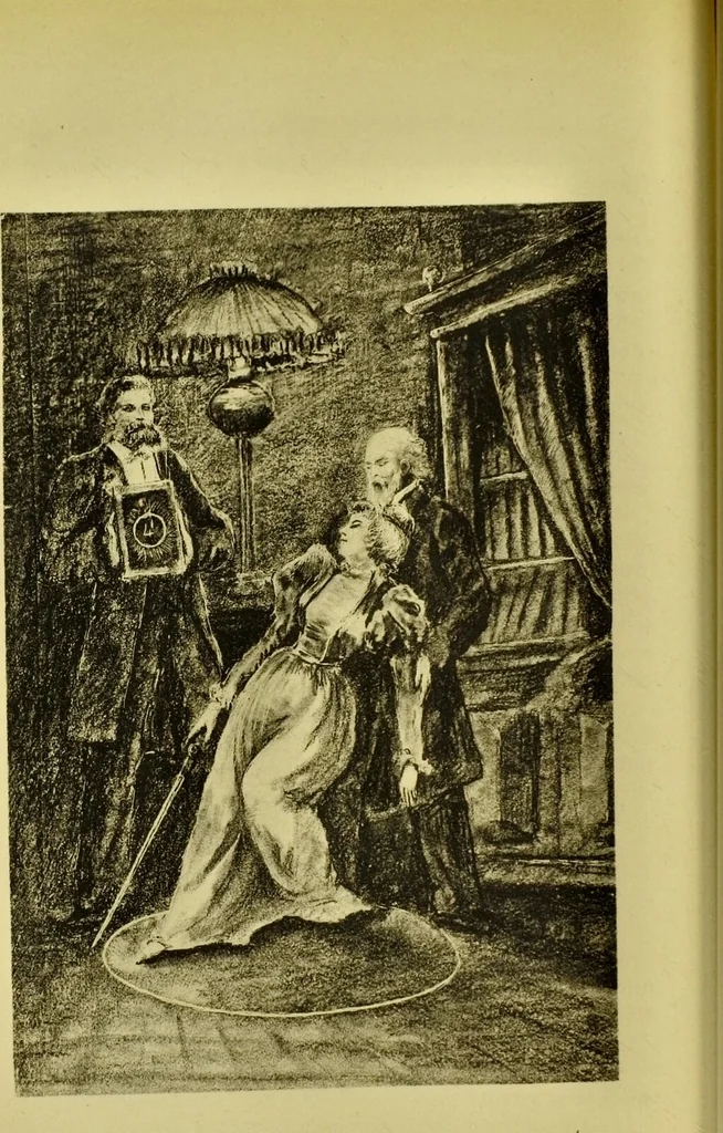 An illustration from La magie et l'hypnose : recueil de faits et d'expériences justifiant et prouvant les enseignements de l'occultisme / par Papus ; avec dessins de Ange Bossard, L. Bouchet, L. de Waldner et L. Delfosse., 1897, leaf 62