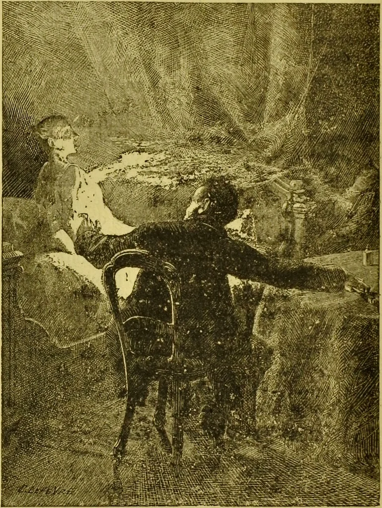 An illustration from La magie et l'hypnose : recueil de faits et d'expériences justifiant et prouvant les enseignements de l'occultisme / par Papus ; avec dessins de Ange Bossard, L. Bouchet, L. de Waldner et L. Delfosse., 1897, leaf 92