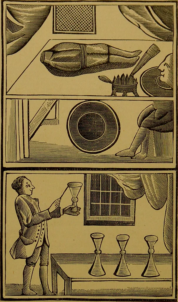 An illustration from Hocus pocus, or, The whole art of legerdemain in perfection : by which the meanest capacity may perform the whole art without a teacher together with the use of all the instruments belonging thereto to which is now added, abundance of new and rare inventions, the like never before in print, but much desired by many / written by Henry Dean., 1886, leaf 10