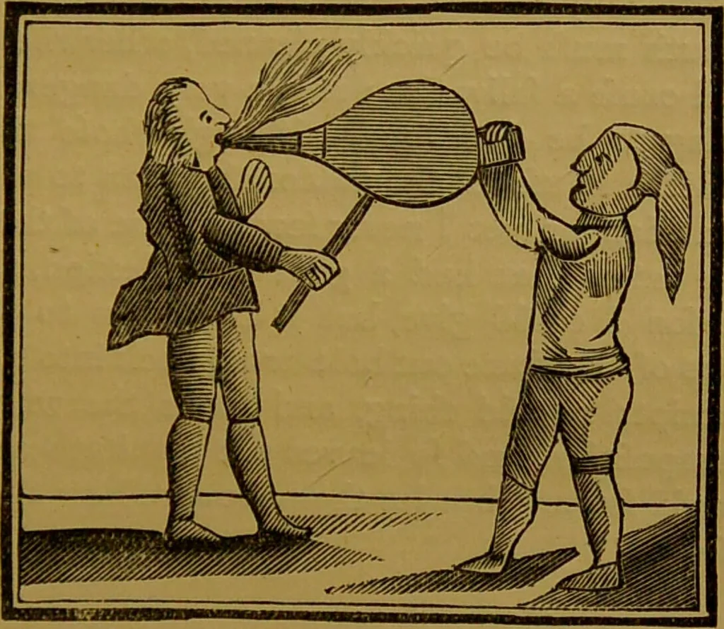 An illustration from Hocus pocus, or, The whole art of legerdemain in perfection : by which the meanest capacity may perform the whole art without a teacher together with the use of all the instruments belonging thereto to which is now added, abundance of new and rare inventions, the like never before in print, but much desired by many / written by Henry Dean., 1886, leaf 63