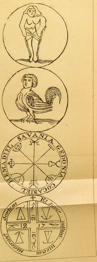 An illustration from Les secrets merveilleux de la magie naturelle du petit Albert : tirés de l'ouvrage latin intitulé: Alberti Parvi Lucii, Libellus de mirabilibus naturae arcanis, et d'autres ecrivains philosophes. Enrichis de figures mystérieuses, d'astrologie, physionomie, etc., etc., 1868, leaf 117