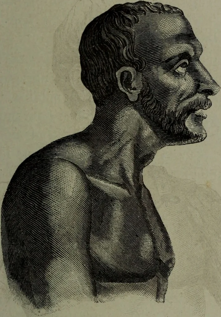 An illustration from La tête humaine : études de phrénologie et de physiognomonie appliquées aux personnages célèbres de l'antiquité et des temps modernes : avec 75 figures intercalées dans le texte / par Charles Rouvin., 1877, leaf 141
