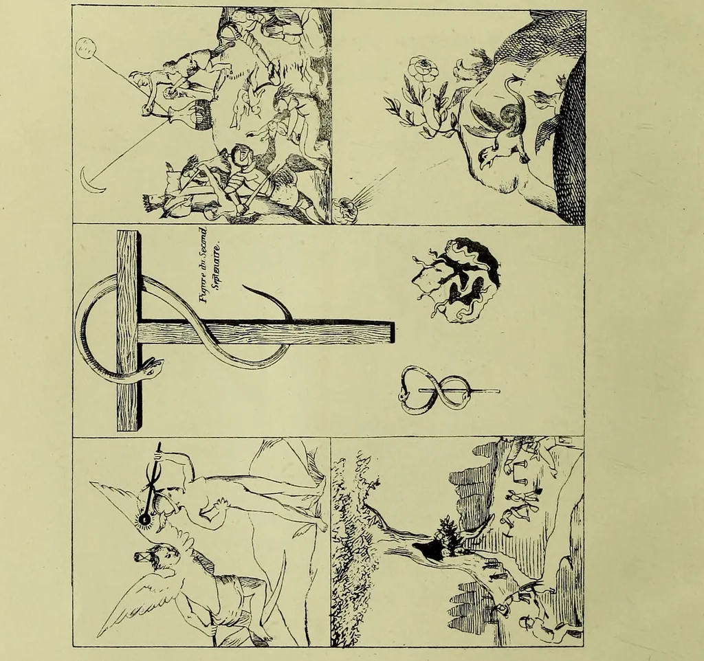 An illustration from Nicholas Flammel : his exposition of the hieroglyphical figures which he caused to be painted upon an arch in St. Innocents church yard in Paris : concerning both the theory and practice of the philosophers stone / faithfully and religiously done into English out of the French copy, by Eirenaeus Orandus., 1890, leaf 10