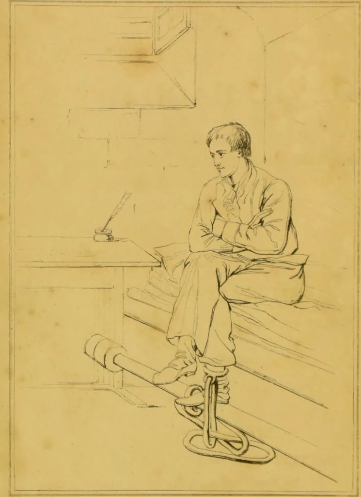 An illustration from The life of David Haggart, alias John Wilson, alias John Morison, alias Barney M'Coul, alias John M'Colgan, alias Daniel O'Brien, alias the Switcher. Written by himself, while under sentence of death., 1821, leaf 8
