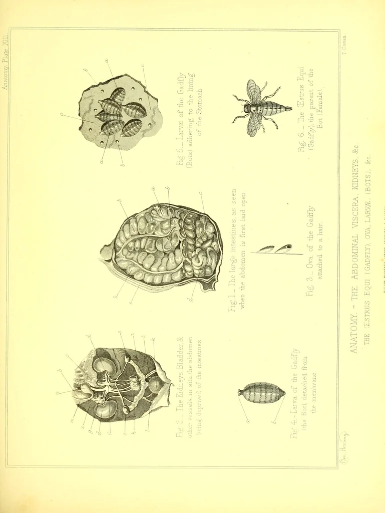 An illustration from Modern practical farriery : a complete guide to all that relates to the horse; its history, varieties, and uses, breaking, training, feeding, stabling, and grooming, how to buy, keep and treat a horse in health and disease ... forming a complete system of the veterinary art, as a present practised at the Royal Veterinary College, London / by W.J. Miles ... with numerous illustrations and a series of anatomical plates, engraved from the original drawings from nature, by Benjamin Herring. To which is added an essay on the diseases and management of cattle, sheep, and pigs / by J.I. Lupton., 1885, leaf 611