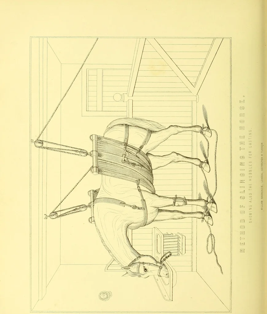 An illustration from Modern practical farriery : a complete guide to all that relates to the horse; its history, varieties, and uses, breaking, training, feeding, stabling, and grooming, how to buy, keep and treat a horse in health and disease ... forming a complete system of the veterinary art, as a present practised at the Royal Veterinary College, London / by W.J. Miles ... with numerous illustrations and a series of anatomical plates, engraved from the original drawings from nature, by Benjamin Herring. To which is added an essay on the diseases and management of cattle, sheep, and pigs / by J.I. Lupton., 1885, leaf 618