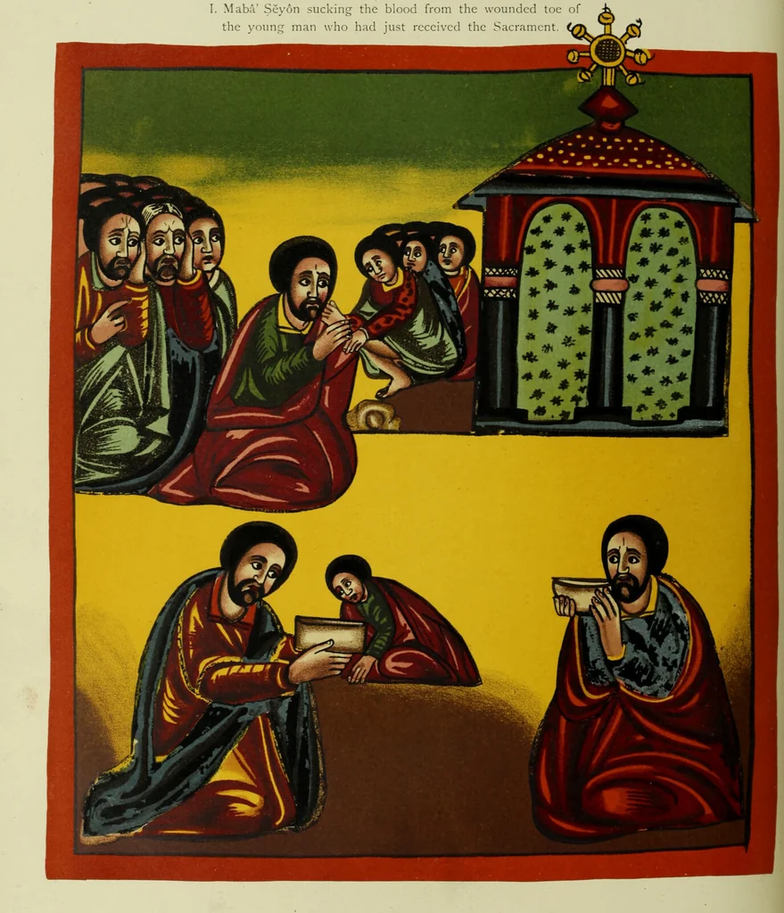 An illustration from The lives of Maba Seyon and Gabra Krestos : the Ethiopic texts / edited with an English translation and a chapter on the illustrations of Ethiopic mss. by E.A. Wallis Budge., 1898, leaf 166