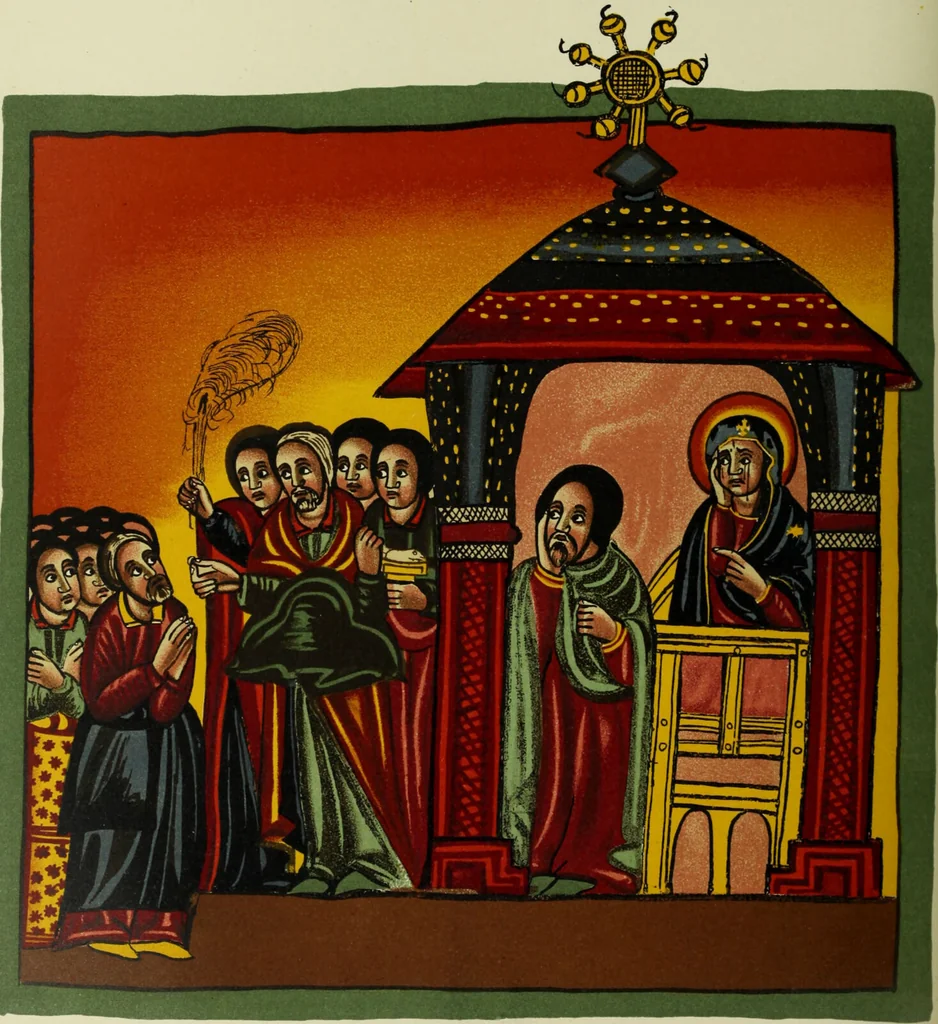 An illustration from The lives of Maba Seyon and Gabra Krestos : the Ethiopic texts / edited with an English translation and a chapter on the illustrations of Ethiopic mss. by E.A. Wallis Budge., 1898, leaf 182
