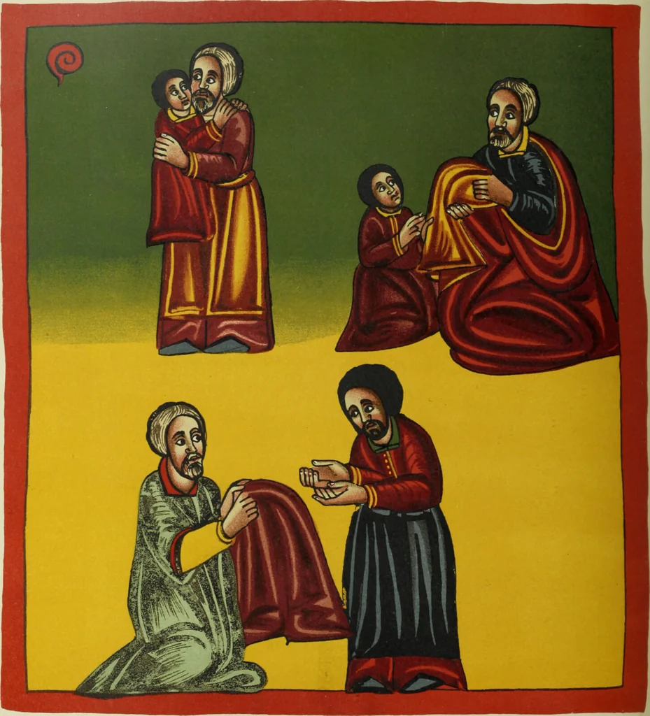 An illustration from The lives of Maba Seyon and Gabra Krestos : the Ethiopic texts / edited with an English translation and a chapter on the illustrations of Ethiopic mss. by E.A. Wallis Budge., 1898, leaf 214
