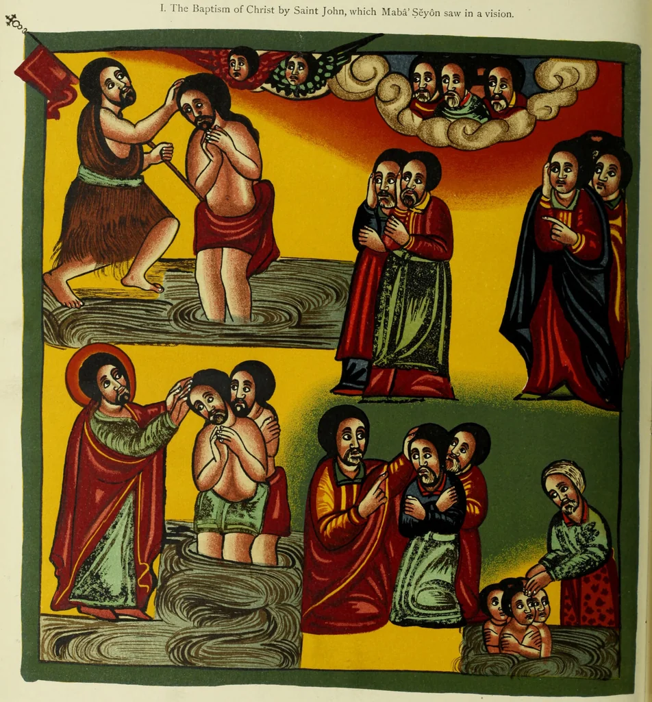 An illustration from The lives of Maba Seyon and Gabra Krestos : the Ethiopic texts / edited with an English translation and a chapter on the illustrations of Ethiopic mss. by E.A. Wallis Budge., 1898, leaf 302