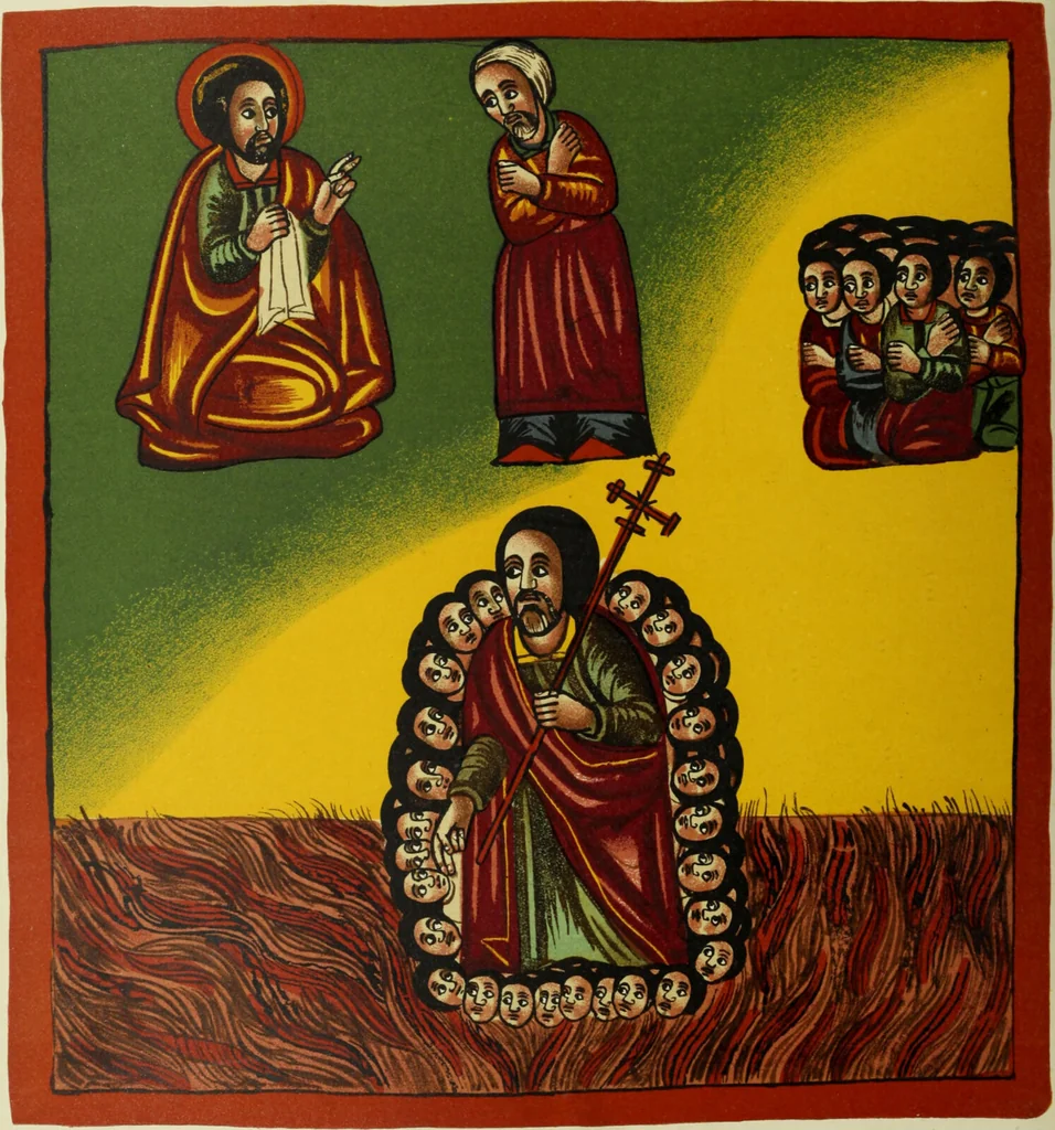 An illustration from The lives of Maba Seyon and Gabra Krestos : the Ethiopic texts / edited with an English translation and a chapter on the illustrations of Ethiopic mss. by E.A. Wallis Budge., 1898, leaf 312
