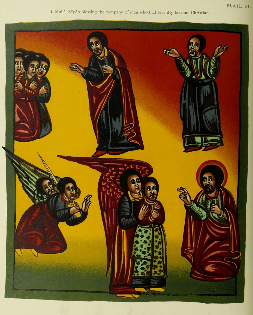 An illustration from The lives of Maba Seyon and Gabra Krestos : the Ethiopic texts / edited with an English translation and a chapter on the illustrations of Ethiopic mss. by E.A. Wallis Budge., 1898, leaf 336